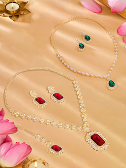 Zaveri Pearls - Pack Of 2 Red Green Stones Necklaces Earrings Maangtikka Set