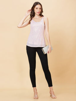 Globus - Women Pink Sequinned Strappy Shoulder Party Tank Top