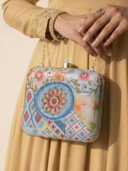 ARTKLIM - Women’S Blue Ethnic Patchwork Floral Box Embroidred Clutch with Detachable Chain