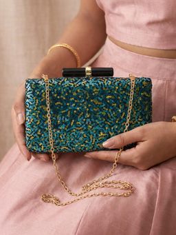ARTKLIM - Teal Designer Sequenced Clutch with Detachable Chain