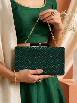 ARTKLIM - Green Designer Sequenced Clutch with Detachable Chain