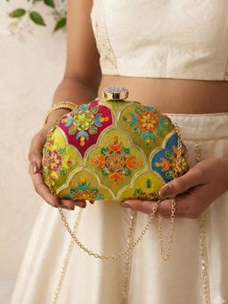 ARTKLIM - Elegant Olive Green Embroidred Clutch with Detachable Chain