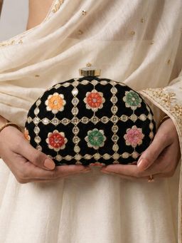 ARTKLIM - Stylish Black Ethnic Embroidred Clutch with Detachable Chain