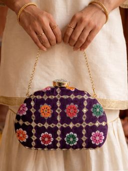 ARTKLIM - Stylish Purple Ethnic Embroidred Clutch with Detachable Chain