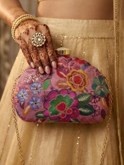 ARTKLIM - Elegant Pink Floral Ethnic Embroidered Clutch with Detachable Chain