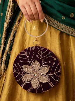 ARTKLIM - Wine Velvet Floral Round Embroidered Clutch