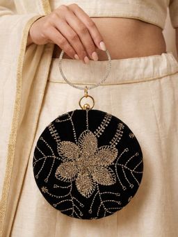 ARTKLIM - Black Velvet Floral Round Embroidered Clutch