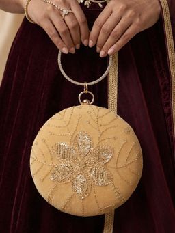 ARTKLIM - Light Gold Velvet Floral Round Embroidered Clutch