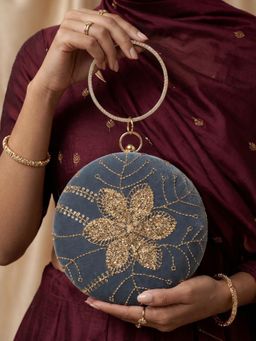 ARTKLIM - Grey Velvet Floral Round Embroidered Clutch