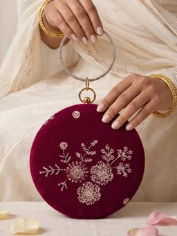 ARTKLIM - Dark Pink Velvet Floral Round Embroidered Clutch