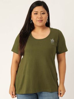theRebelinme - Plus Size Womens Olive Solid Round Neck T-Shirt