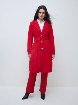 ELLE - Women Red Solid Lapel Collar Oversize Fit Overcoat With Belt