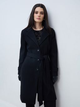 ELLE - Women Black Solid Lapel Collar Oversize Fit Overcoat With Belt