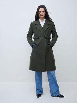 ELLE - Women Olive Solid Lapel Collar Regular Fit Overcoat With Belt