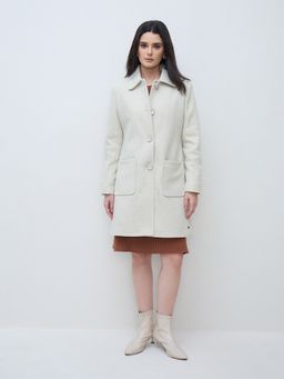 ELLE - Women Off White Solid Collar Regular Fit Overcoat