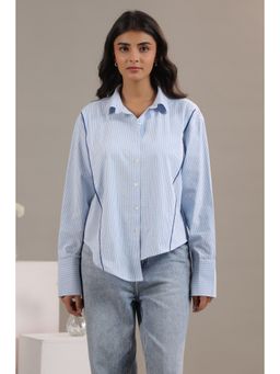 June 9 Clothing - Women Blue Asymmetric Stripe Cotton Shirt