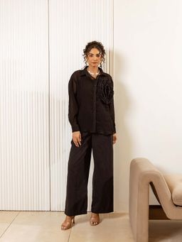 UNIMODA - Black Silk Symphony Collar A-Line Shirt with Pant