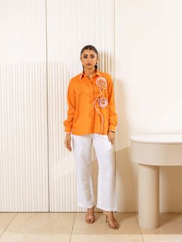UNIMODA - Abstract Aura Neon Orange Cotton Shirt with Pant