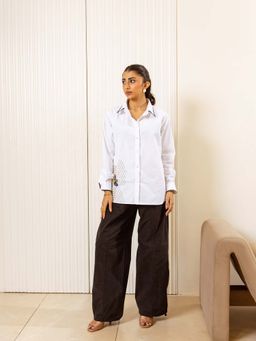 UNIMODA - White Pipinwork Cotton Shirt with Pant