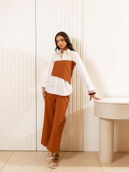 UNIMODA - Brown Style Symphony Dual-Tone Cotton Shirt with Top and Pant