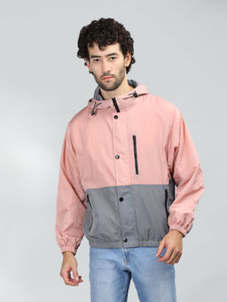 CHKOKKO - Mens Peach Colorblock Full Sleeves Hooded Jacket