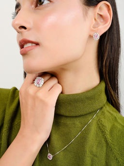 METALM - Pink Cz Diamond Silver Necklace Set with Ring and Earrings