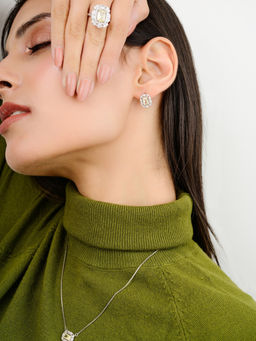 METALM - Yellow Cz Diamond Silver Necklace Set with Ring and Earrings