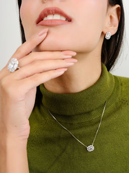 METALM - White Cz Diamond Silver Necklace Set with Ring and Earrings