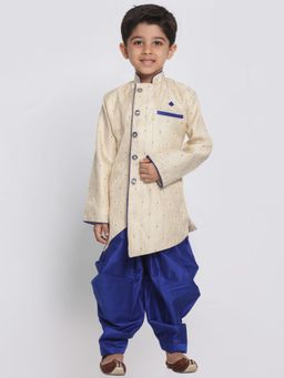 Vastramay - Boys Beige and Royal Blue Silk Blend Indowestern Sherwani & Dhoti (Set of 2)