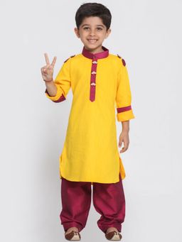 Vastramay - Boys Yellow and Wine Cotton Pathani Kurta & Patiala (Set of 2)