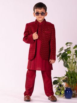 Vastramay - Boys Maroon Jodhpuri Kurta and Pyjama (Set of 3)