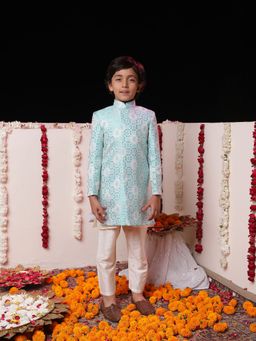 Vastramay - Boys Blue and Cream Sherwani & Churidar (Set of 2)