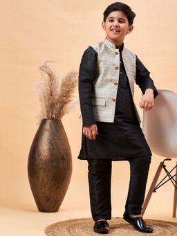Vastramay - Boys Beige and Black Nehru Jacket Kurta & Pyjama (Set of 3)