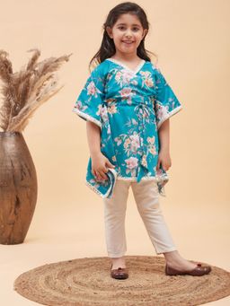 Vastramay - Girls Turquoise and Cream Kaftan & Pants (Set of 2)