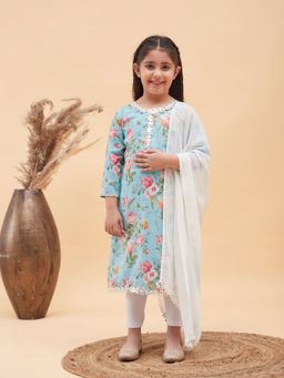 Vastramay - Girls Aqua and White Kurta Leggings & Dupatta (Set of 3)