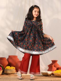 Vastramay - Girls Navy Blue and Rust Kurta Palazzo (Set of 2)
