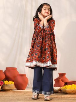 Vastramay - Girls Navy Blue and Rust Kurta Palazzo (Set of 2)