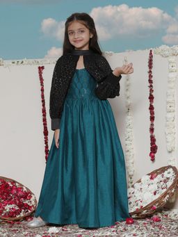 Vastramay - Girls Green and Black Ethnic Dress with Detachable Sleeves (Set of 2)
