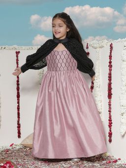 Vastramay - Girls Pink and Black Ethnic Dress with Detachable Sleeves (Set of 2)