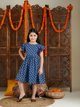 Vastramay - Girls' Indigo Blue Block Print Dress