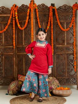 Vastramay - Girls Red and Blue Kurta Palazzo & Dupatta (Set of 3)