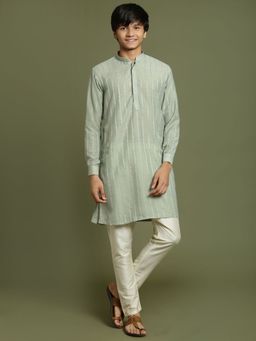 Vastramay - Boys Green and Cream Kurta Pyjama (Set of 2)
