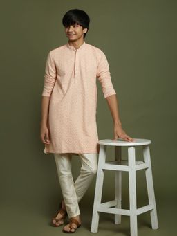 Vastramay - Boys Pink and Cream Kurta Pyjama (Set of 2)