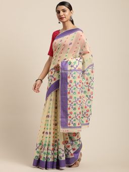 Vastranand - Cream-Coloured & Purple Woven Design Jamdani Saree with Unstitched Blouse