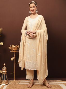 Stylee LIFESTYLE - Beige Chinon Chiffon Embroidered Dress Material
