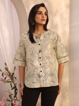Libas - Off White Floral Printed Short Panelled Shirt