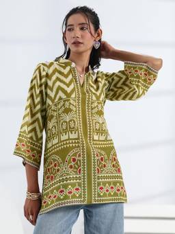 Libas - Green Ethnic Motif Printed Straight Kurti