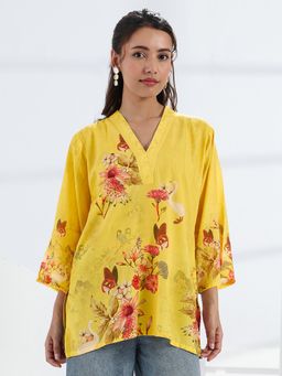 Libas - Yellow Floral Printed Straight Kurti