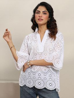 Libas - White Woven Schiffli Design Straight Kurti