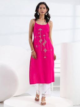 Libas - Pink Geometric Thread Work Straight Kurta